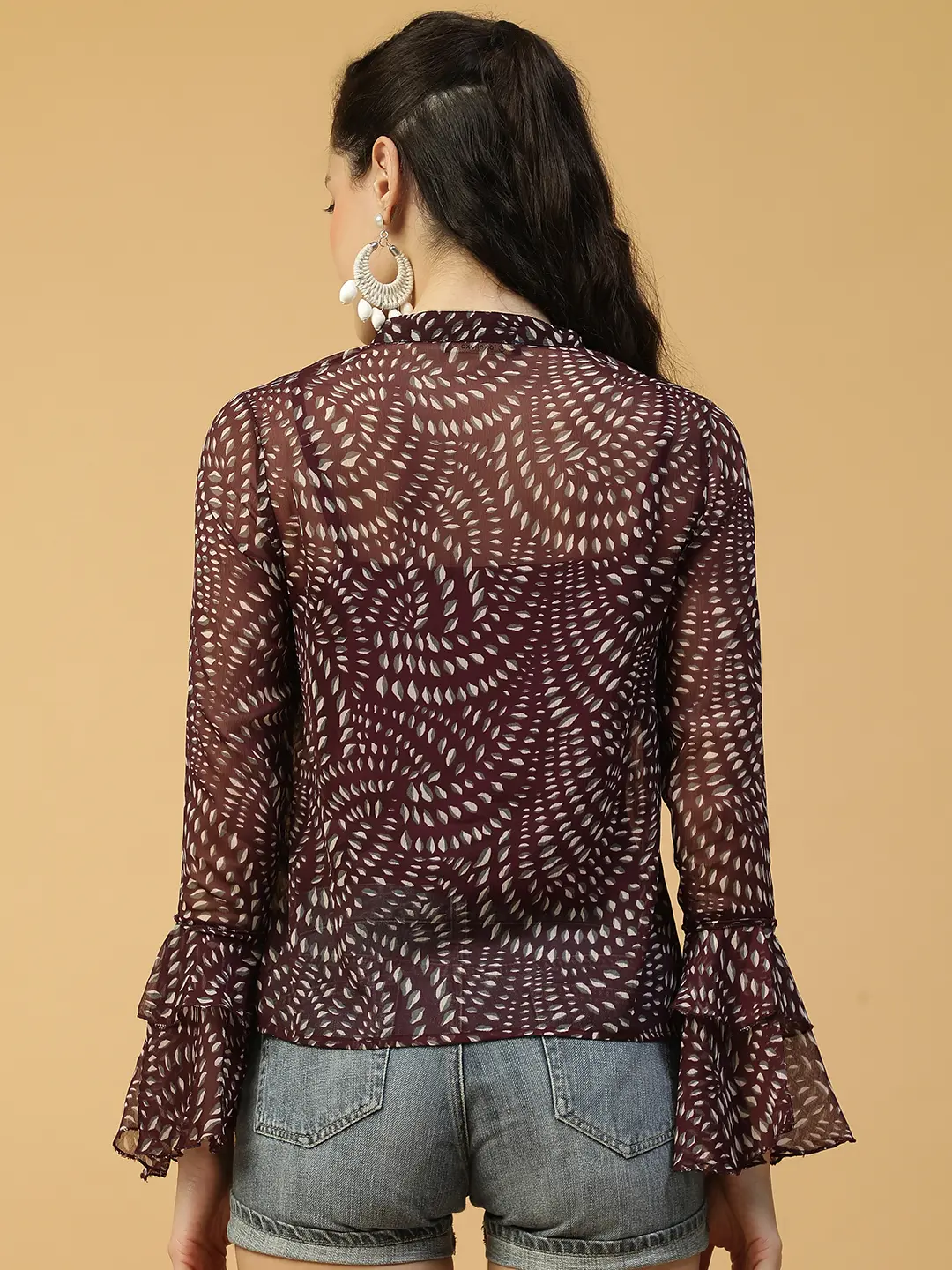 Maroon Printed Women's Shirt with Mandarin Collar & Bell Sleeves - Image 3