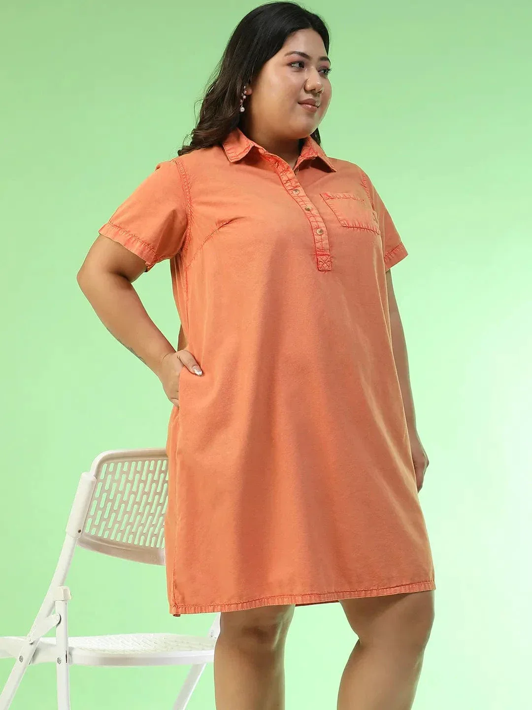 Matchy Orange Collared Button Detail Short Sleeve Plus Size Women Cotton Dress - Image 4