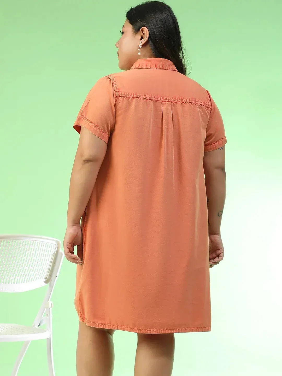 Matchy Orange Collared Button Detail Short Sleeve Plus Size Women Cotton Dress - Image 5