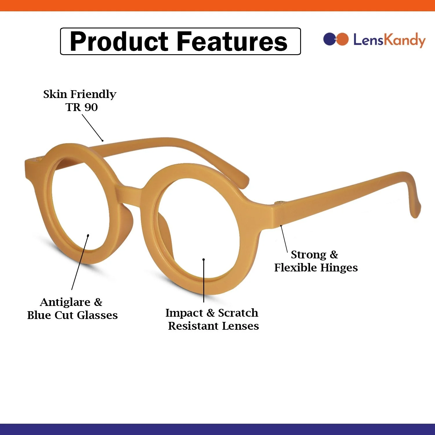Matt Round Yellow Color Eyeglasses For Kids - Image 3