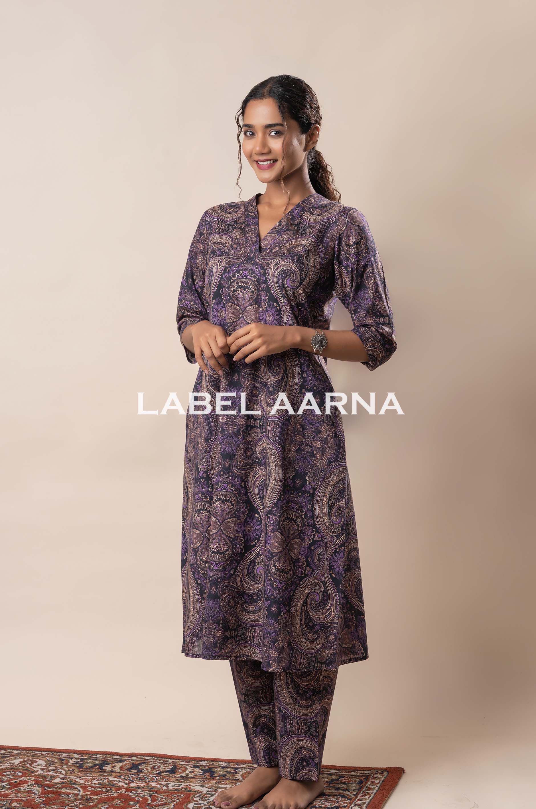 Mauve Purple Pure Cotton A-Line Flared Dress With Pants