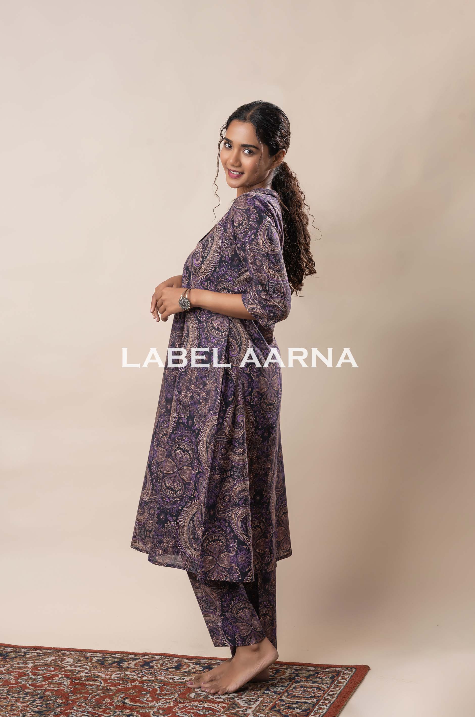 Mauve Purple Pure Cotton A-Line Flared Dress With Pants - Image 2