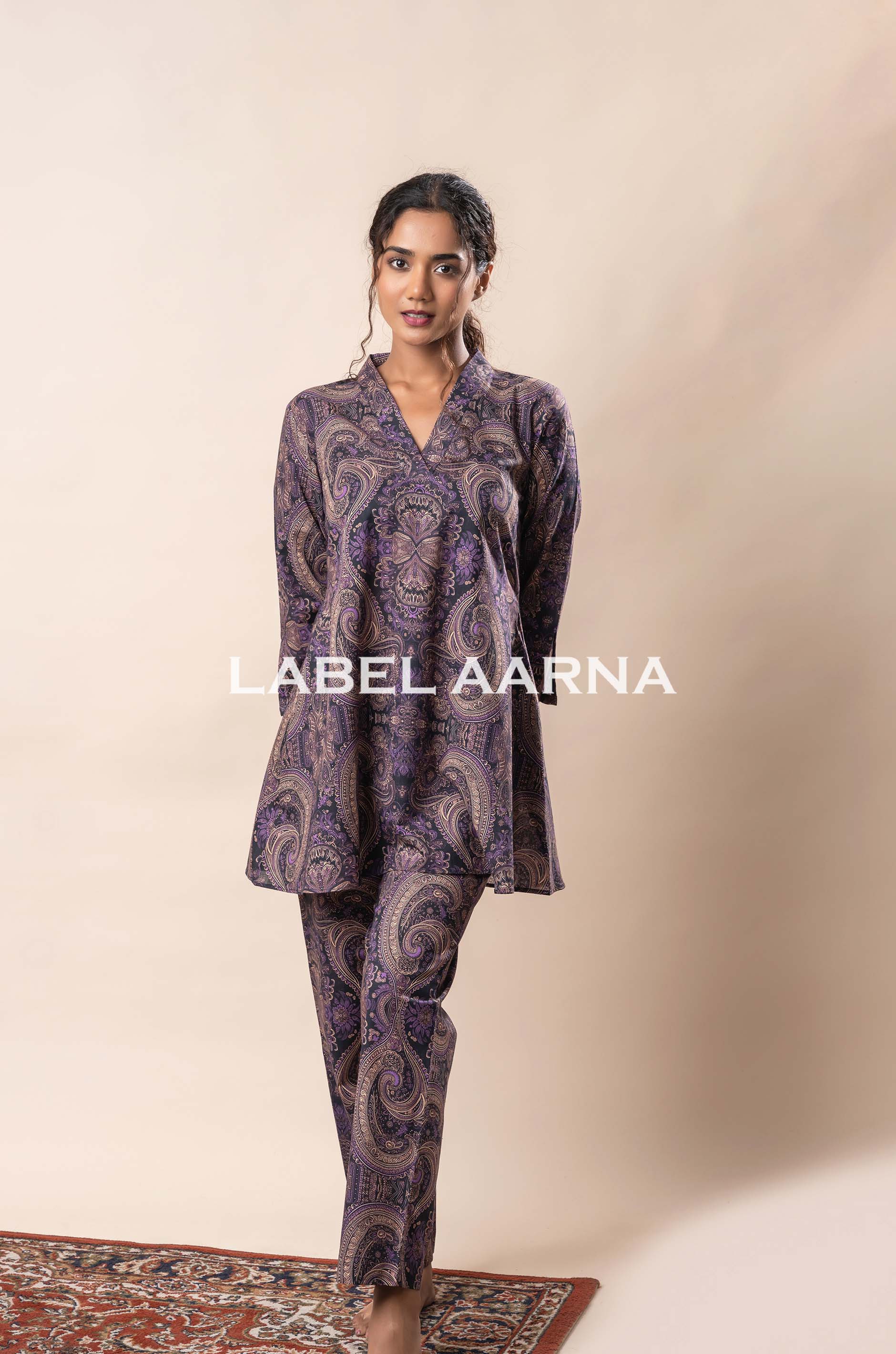 Mauve Purple Pure Cotton Printed Flared Co-Ord Set