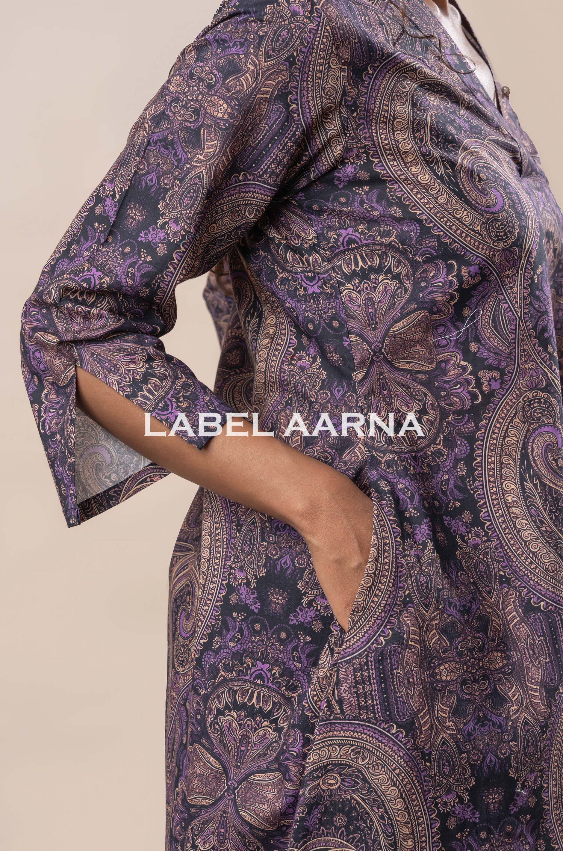 Mauve Purple Pure Cotton Printed Flared Co-Ord Set - Image 4