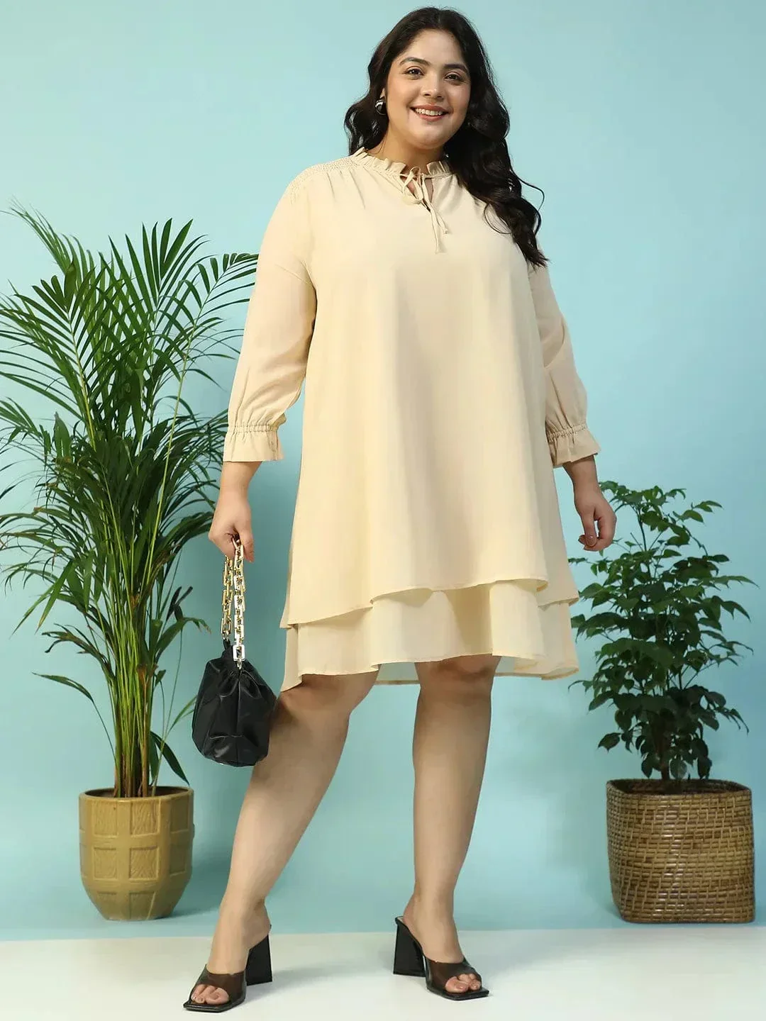 Max Beige Smocking Detail Long Sleeve Knee Length Plus Size Dress - Image 2