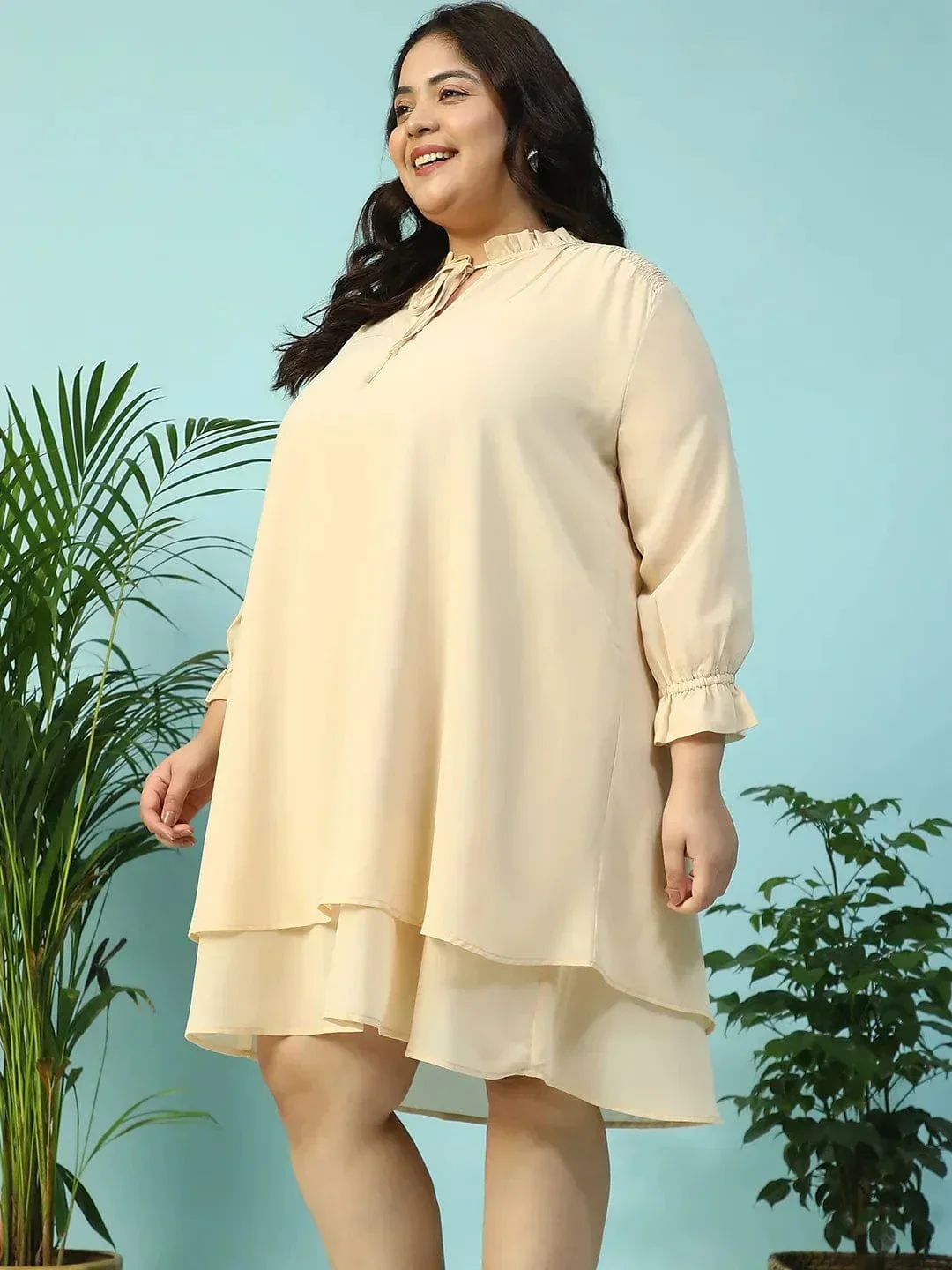 Max Beige Smocking Detail Long Sleeve Knee Length Plus Size Dress - Image 3