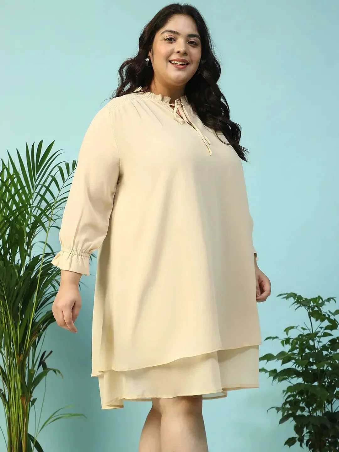 Max Beige Smocking Detail Long Sleeve Knee Length Plus Size Dress - Image 4