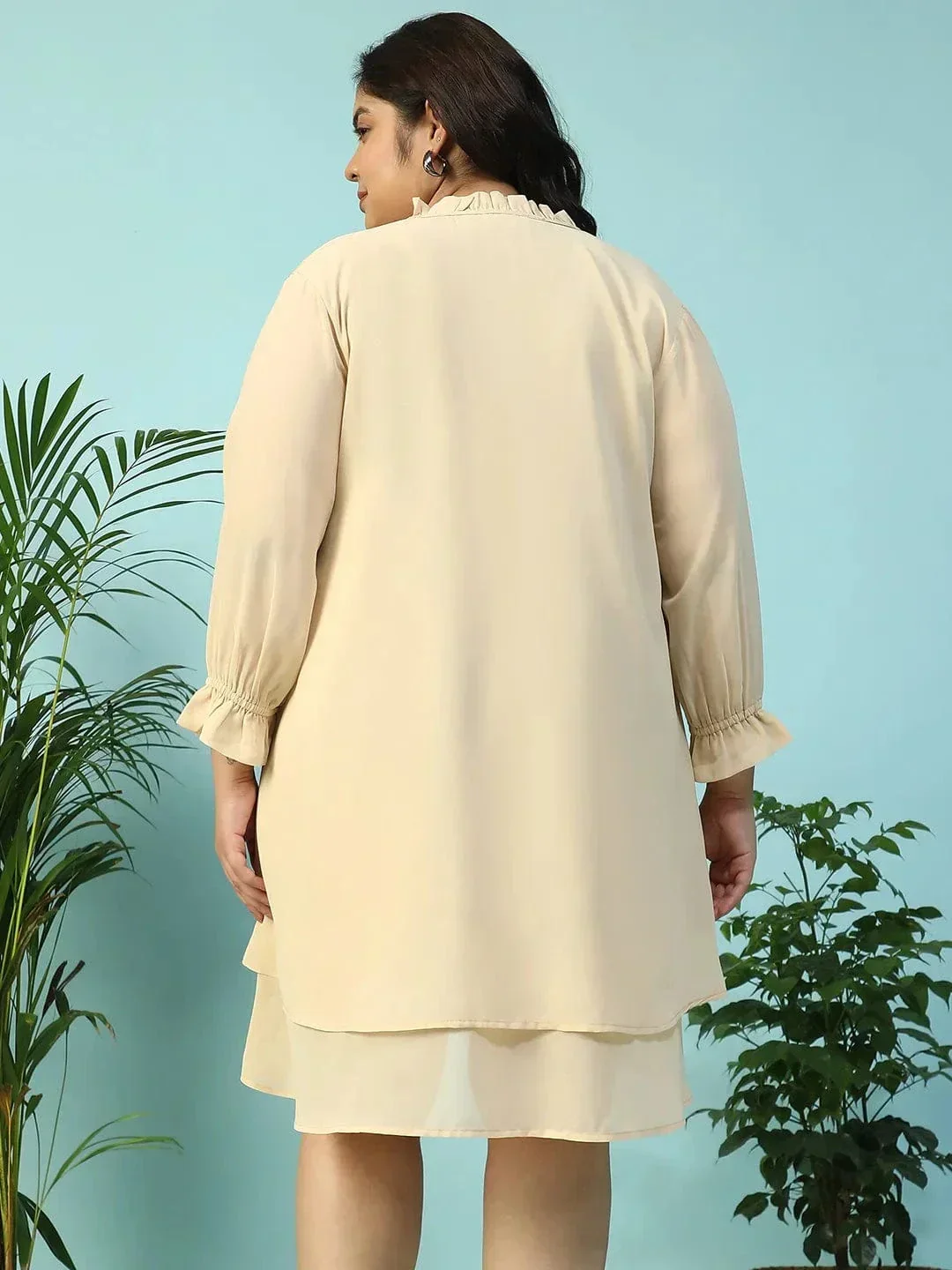 Max Beige Smocking Detail Long Sleeve Knee Length Plus Size Dress - Image 5