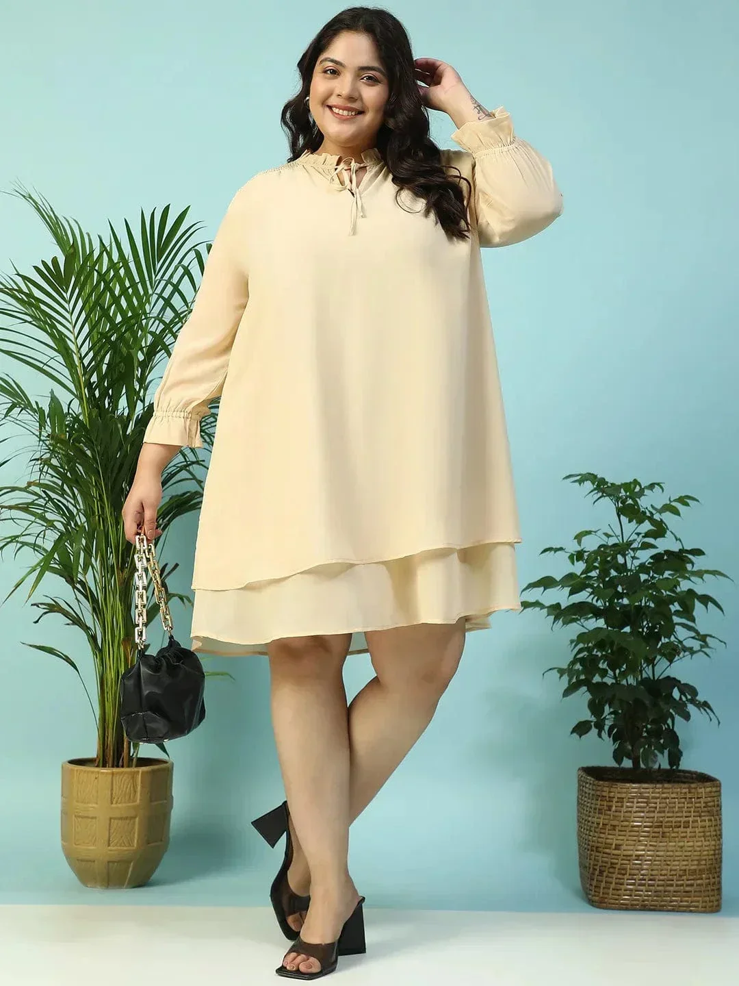 Max Beige Smocking Detail Long Sleeve Knee Length Plus Size Dress - Image 7