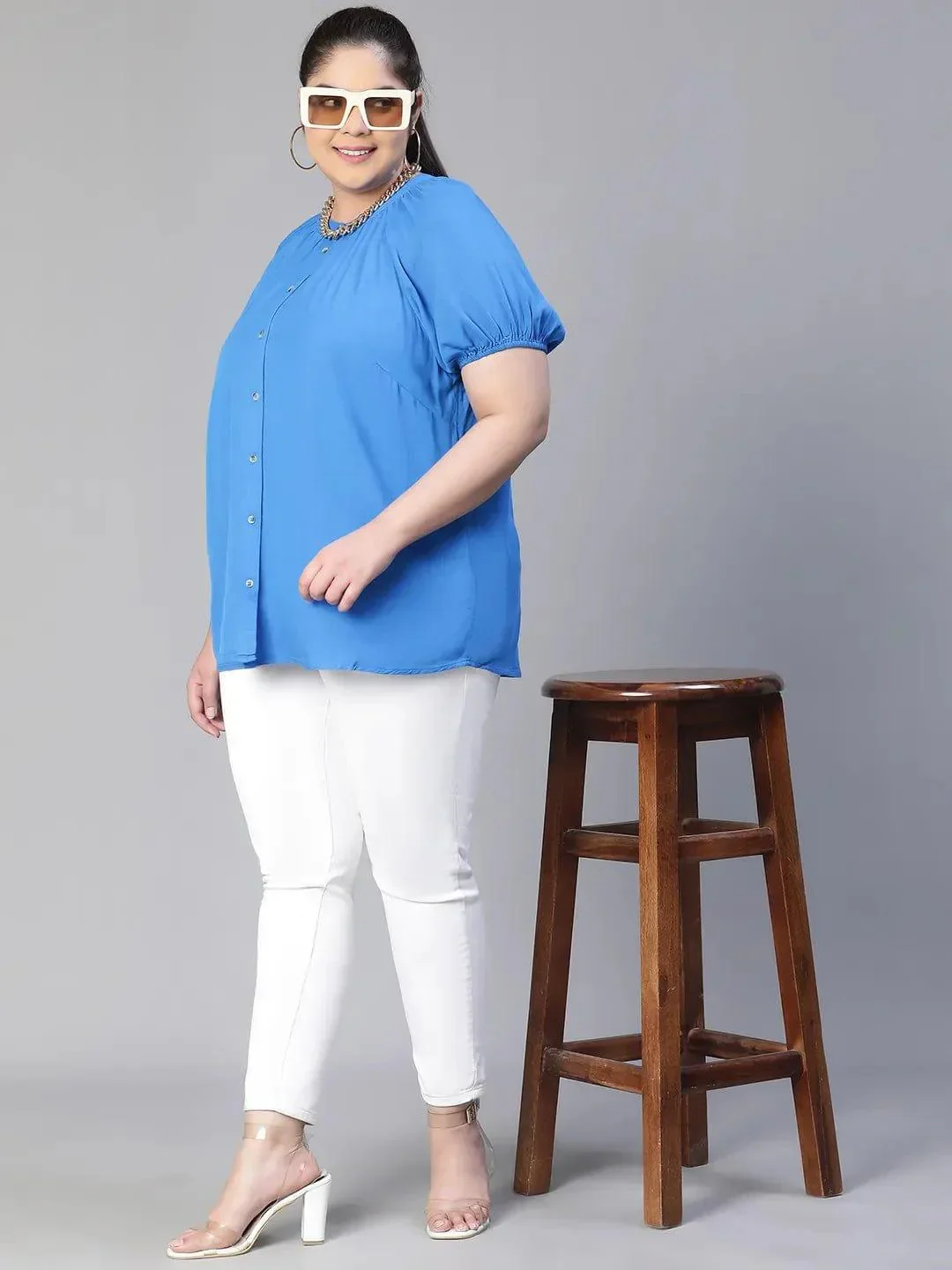 Meld Blue Solid Women Plus Size Shirt Loopy Top Today - Image 8