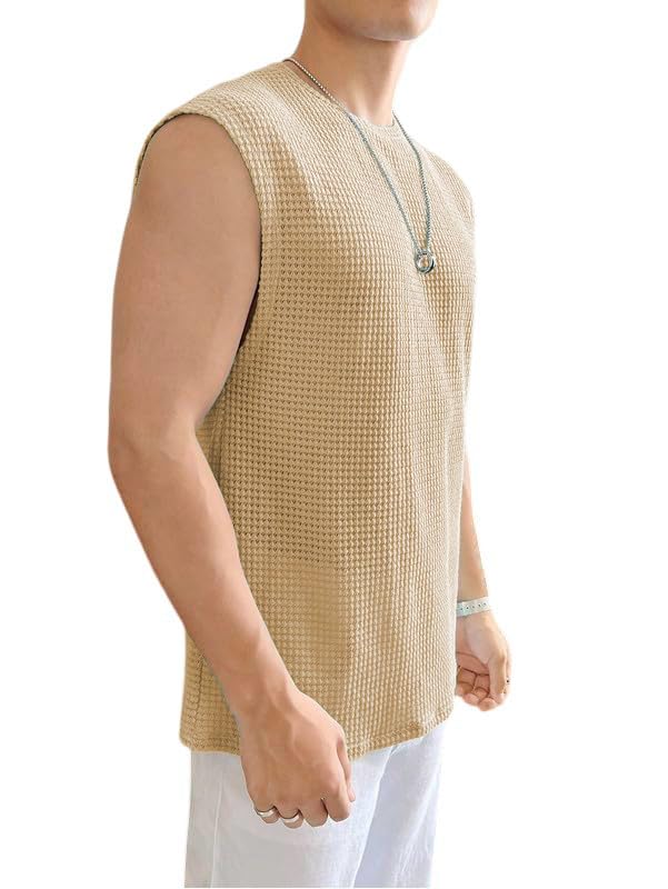 Men's Textured Sleeveless T-Shirt | Waffle Knit Casual Vest (Beige) - Image 3