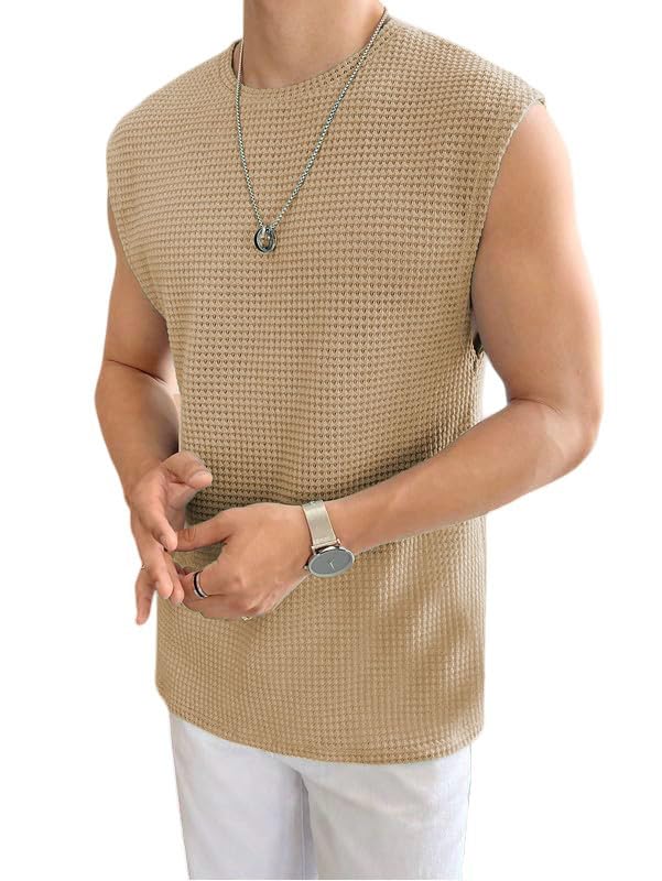 Men's Textured Sleeveless T-Shirt | Waffle Knit Casual Vest (Beige)
