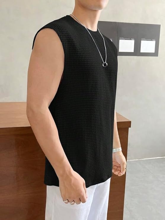 Men's Textured Sleeveless T-Shirt | Waffle Knit Casual Vest (Black) - Image 4