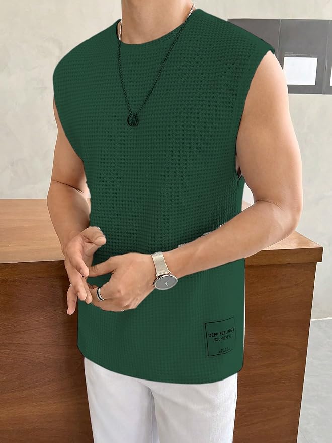 Men's Textured Sleeveless T-Shirt | Waffle Knit Casual Vest (Green)