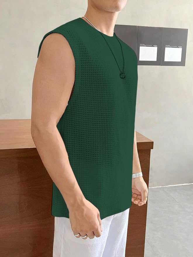 Men's Textured Sleeveless T-Shirt | Waffle Knit Casual Vest (Green) - Image 4