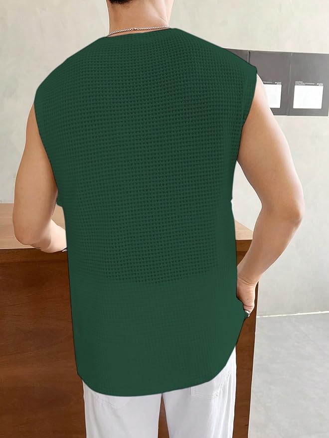 Men's Textured Sleeveless T-Shirt | Waffle Knit Casual Vest (Green) - Image 2