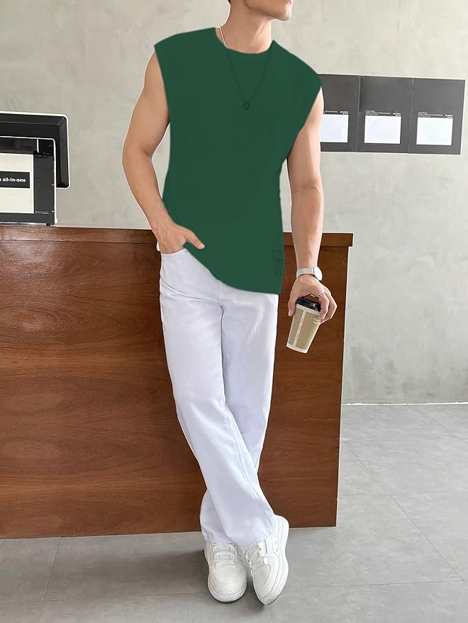 Men's Textured Sleeveless T-Shirt | Waffle Knit Casual Vest (Green) - Image 3