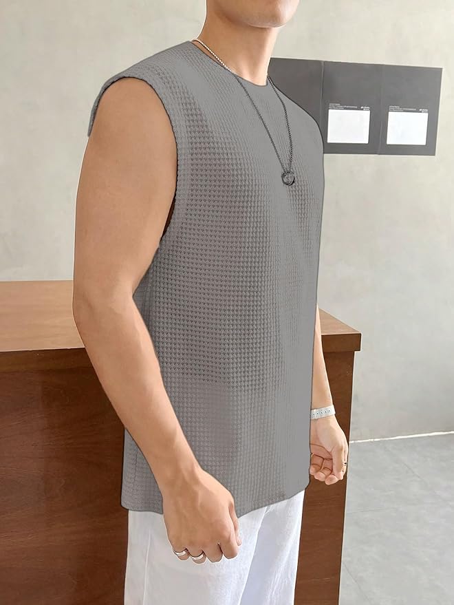 Men's Textured Sleeveless T-Shirt | Waffle Knit Casual Vest (Grey) - Image 4