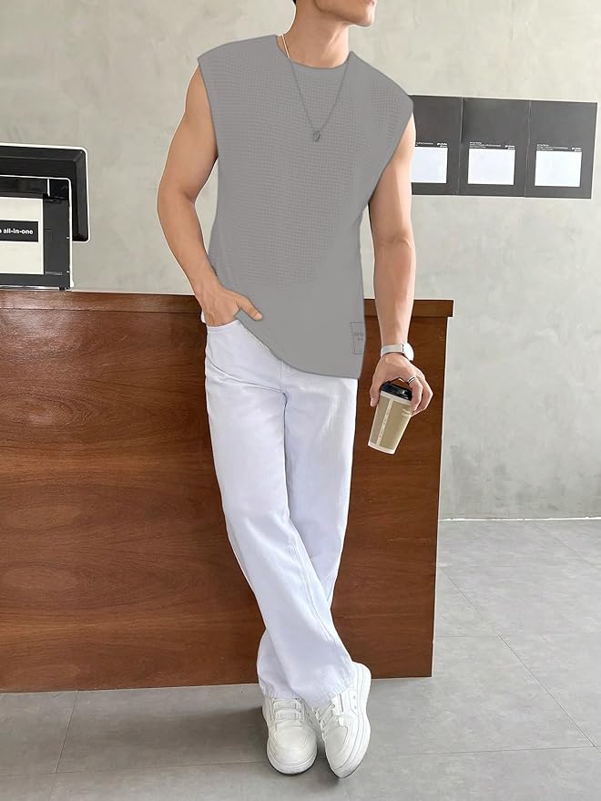 Men's Textured Sleeveless T-Shirt | Waffle Knit Casual Vest (Grey) - Image 3