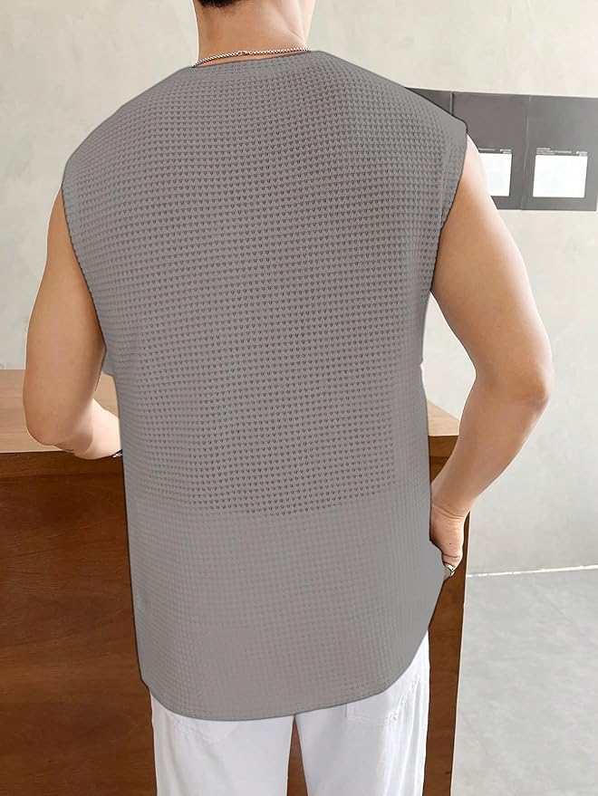 Men's Textured Sleeveless T-Shirt | Waffle Knit Casual Vest (Grey) - Image 2