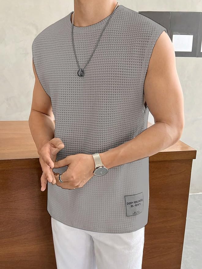 Men's Textured Sleeveless T-Shirt | Waffle Knit Casual Vest (Grey) - Image 5