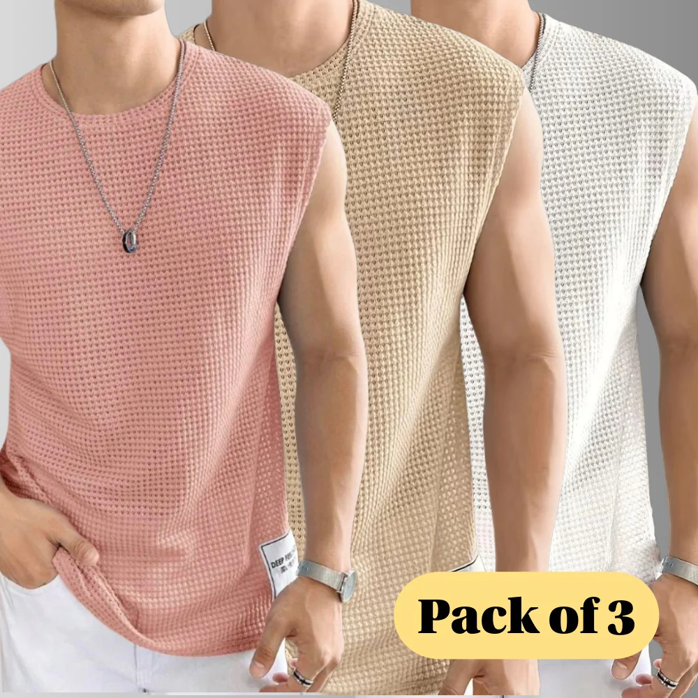 Men's Textured Sleeveless T-Shirt | Waffle Knit Casual Vest (Pack of 3)