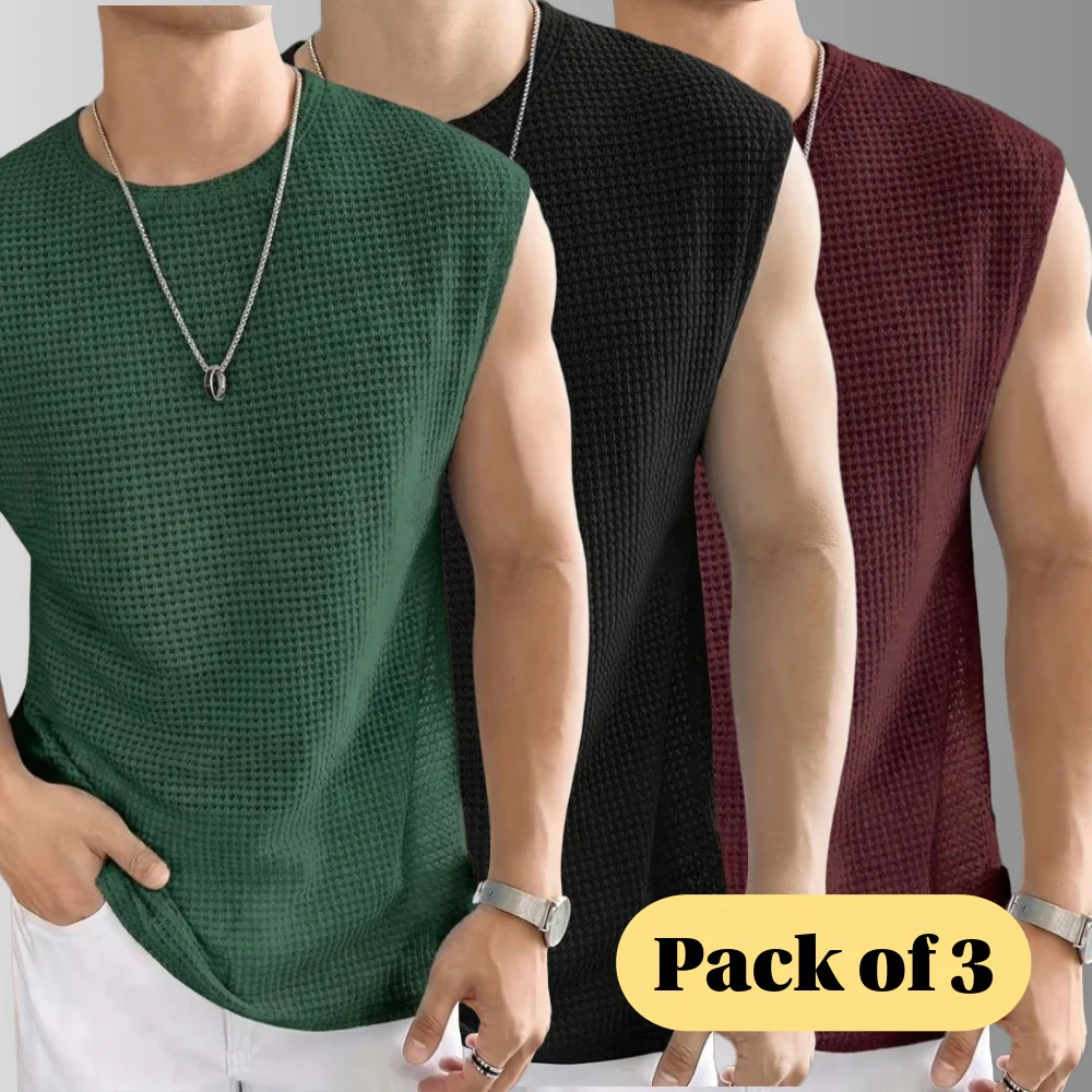 Men's Textured Sleeveless T-Shirt | Waffle Knit Casual Vest (Pack of 3)
