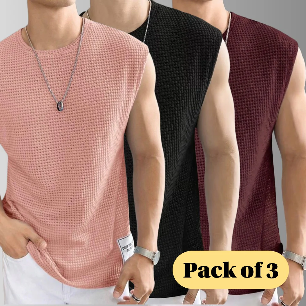 Men's Textured Sleeveless T-Shirt | Waffle Knit Casual Vest (Pack of 3)