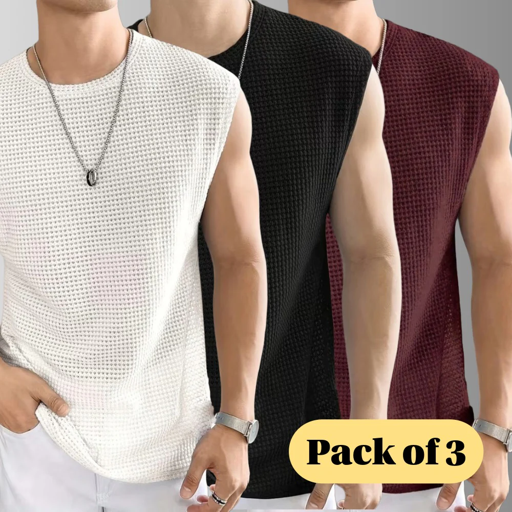 Men's Textured Sleeveless T-Shirt | Waffle Knit Casual Vest (Pack of 3)