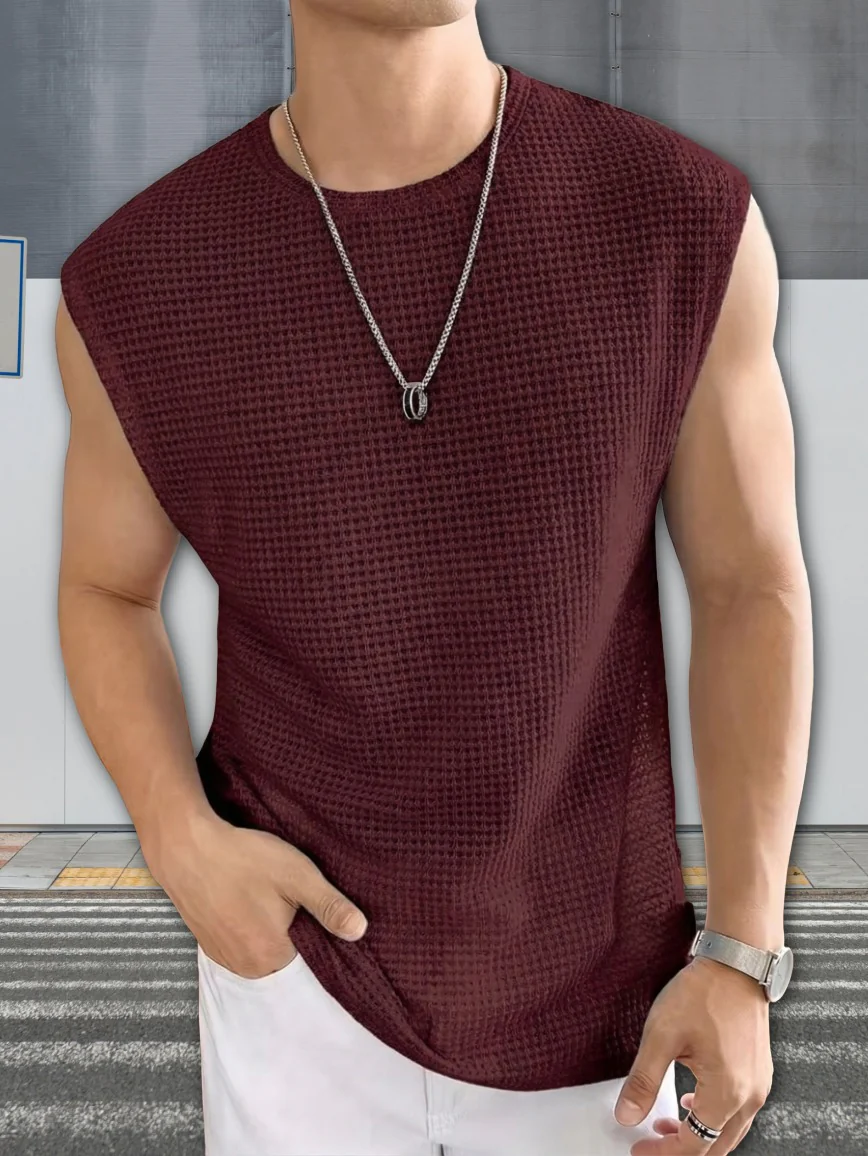 Men's Textured Sleeveless T-Shirt | Waffle Knit Casual Vest (Pack of 3) - Image 3