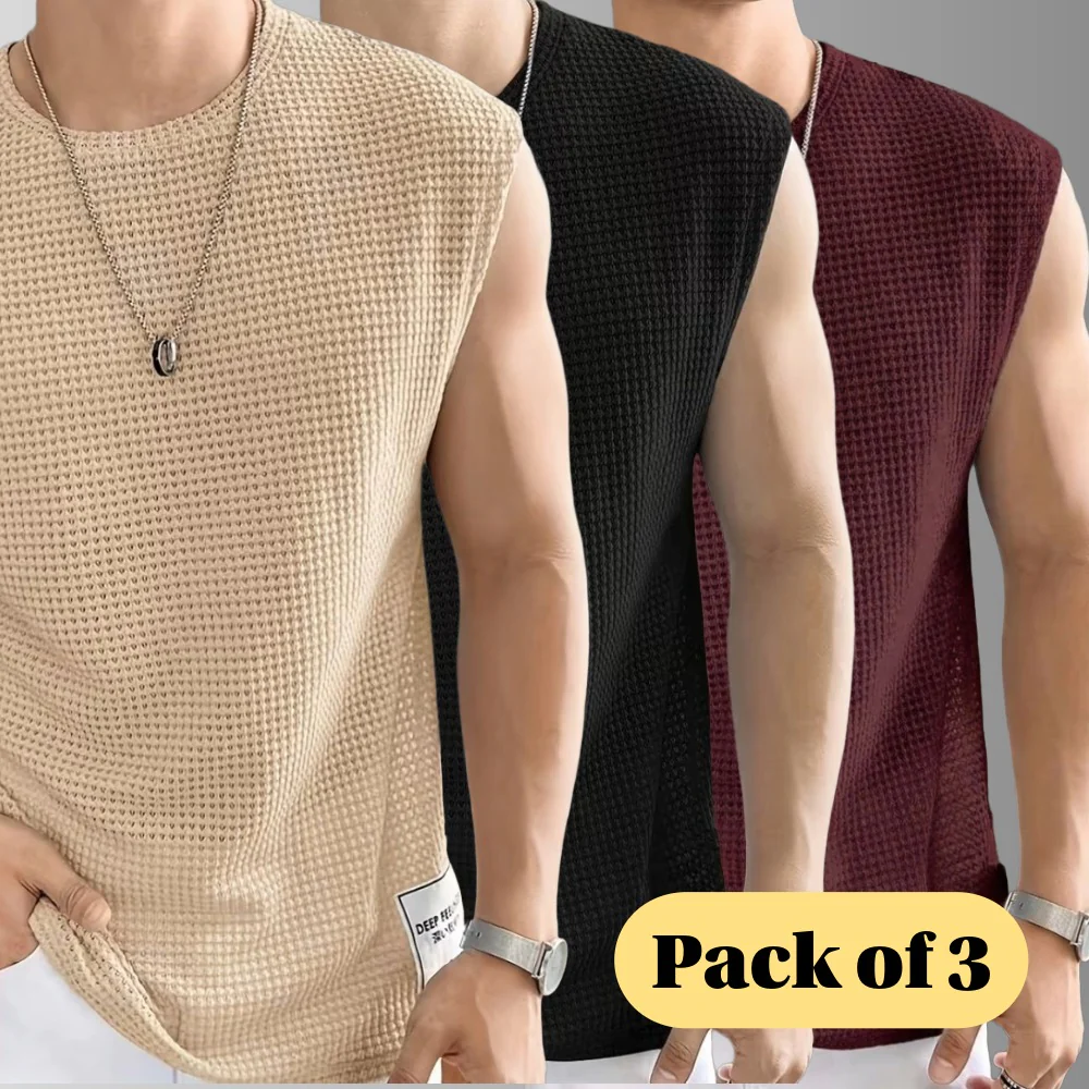 Men's Textured Sleeveless T-Shirt | Waffle Knit Casual Vest (Pack of 3)