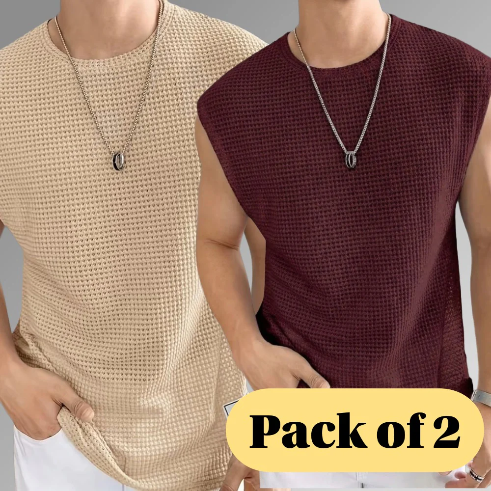 Men's Textured Sleeveless T-Shirt | Waffle Knit Casual Vest (Pack of 2)