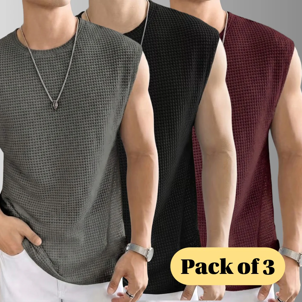 Men's Textured Sleeveless T-Shirt | Waffle Knit Casual Vest (Pack of 3)