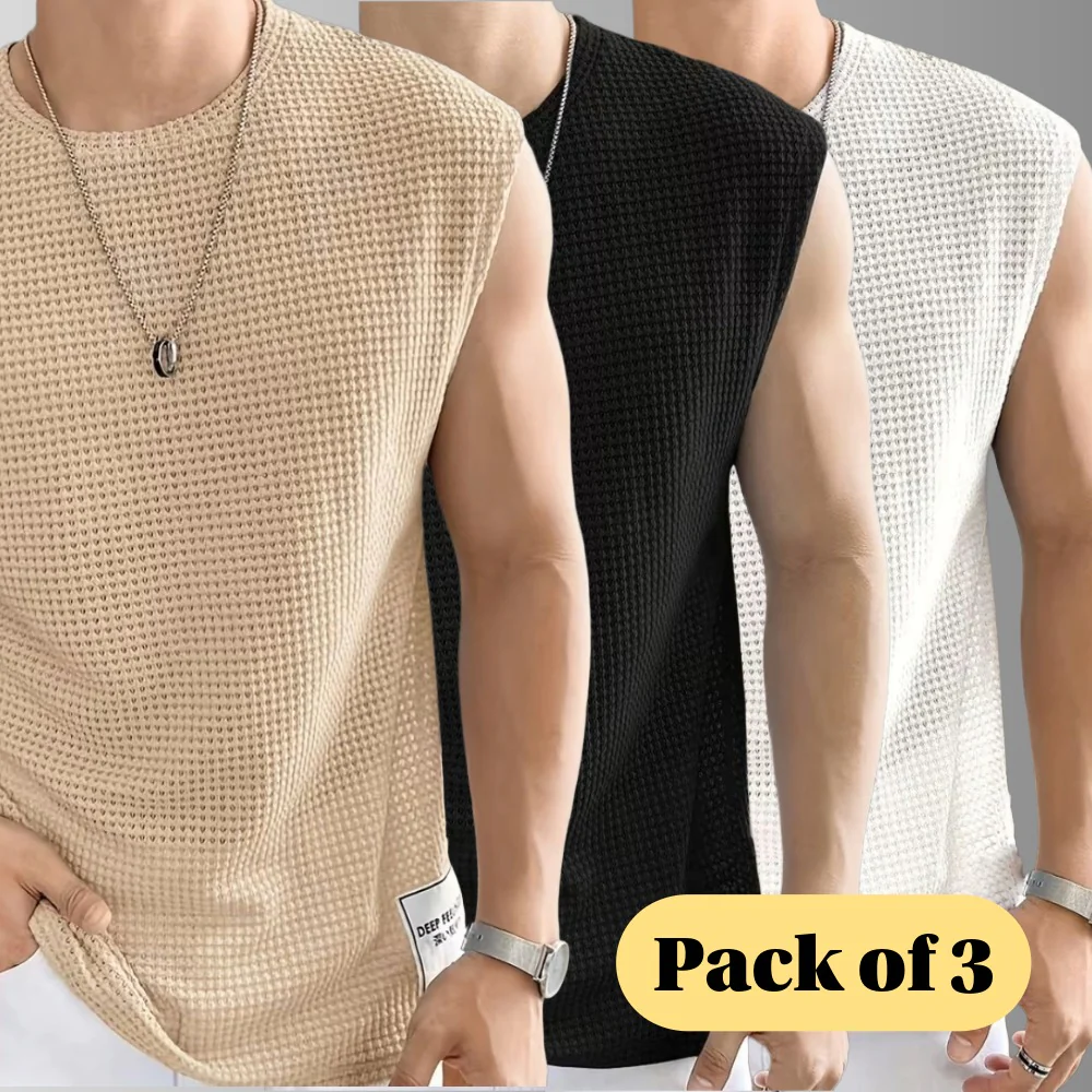 Men's Textured Sleeveless T-Shirt | Waffle Knit Casual Vest (Pack of 3)