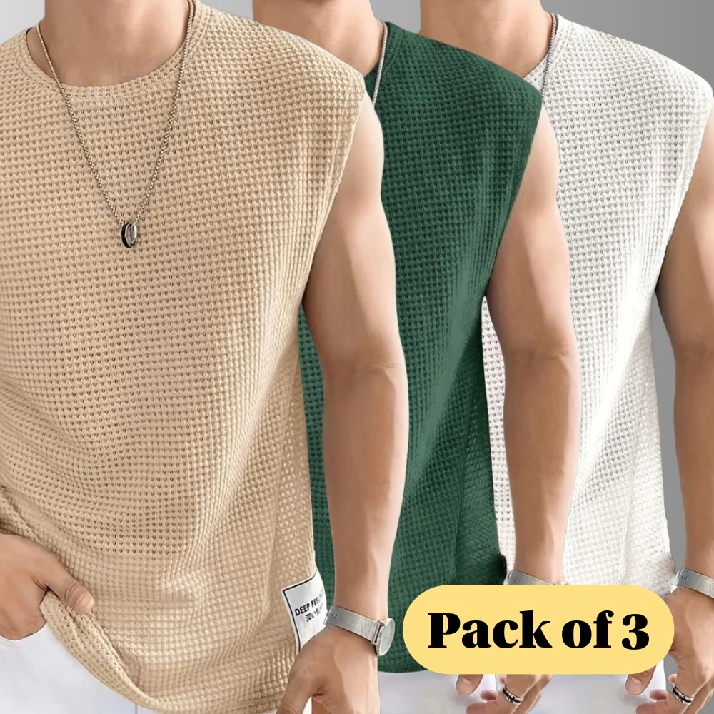 Men's Textured Sleeveless T-Shirt | Waffle Knit Casual Vest (Pack of 3)