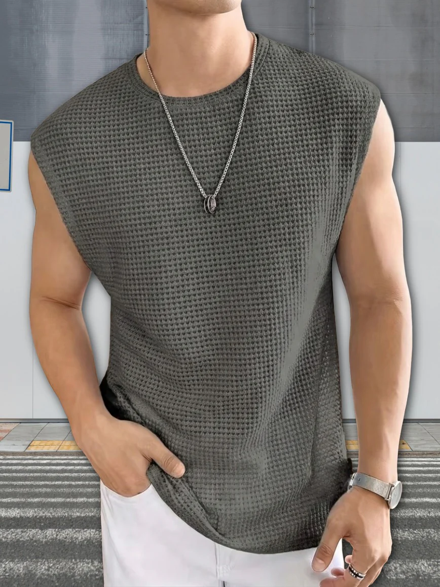 Men's Textured Sleeveless T-Shirt | Waffle Knit Casual Vest (Pack of 2) - Image 2