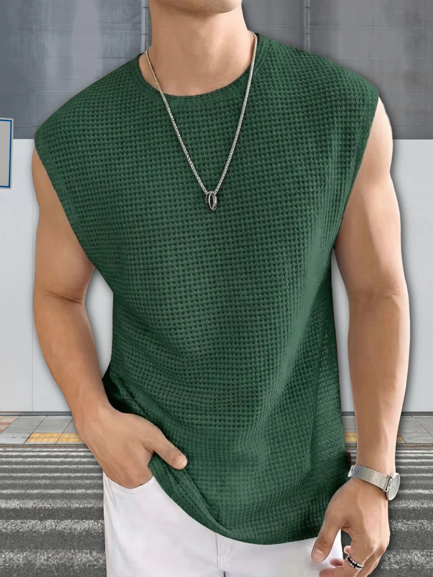 Men's Textured Sleeveless T-Shirt | Waffle Knit Casual Vest (Pack of 2) - Image 3