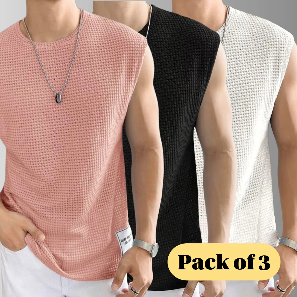 Men's Textured Sleeveless T-Shirt | Waffle Knit Casual Vest (Pack of 3)