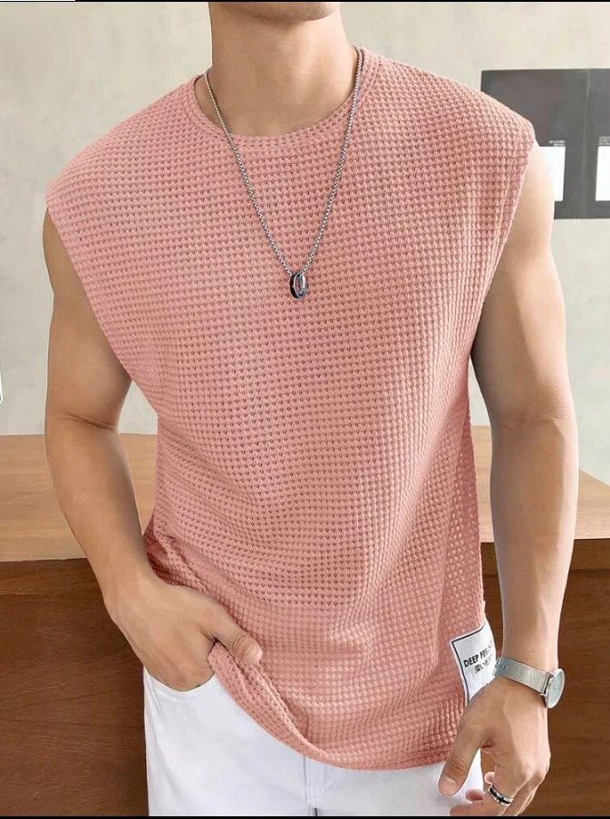Men's Textured Sleeveless T-Shirt | Waffle Knit Casual Vest (Pink)