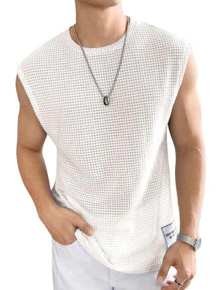 Men's Textured Sleeveless T-Shirt | Waffle Knit Casual Vest (White)