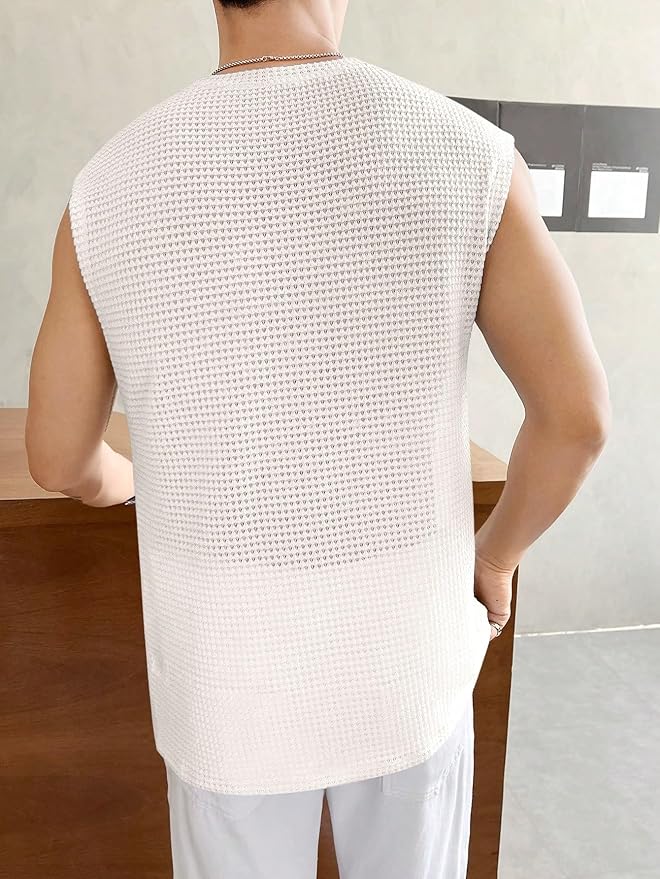Men's Textured Sleeveless T-Shirt | Waffle Knit Casual Vest (White) - Image 2