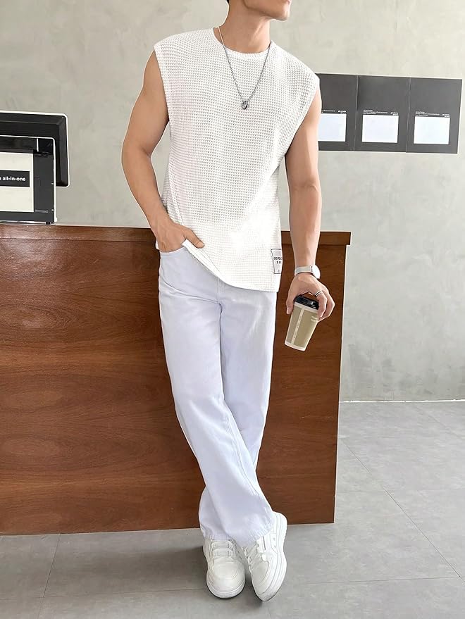 Men's Textured Sleeveless T-Shirt | Waffle Knit Casual Vest (White) - Image 3