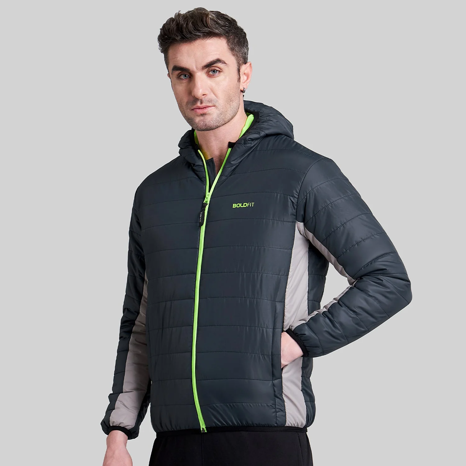 Mens Quilted Hooded Bomber Jacket - Navy - Image 76