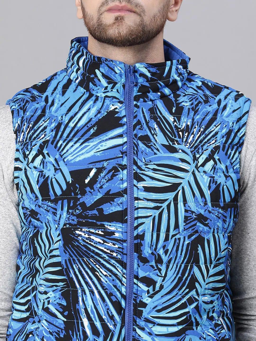 Men'S Tropical Print Blue Zip Lined Sleeveless Reversible Quilted Jacket - Image 6