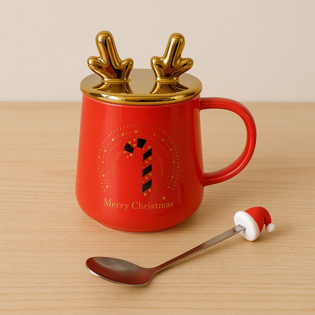 Merry Christmas Ceramic Mug with Golden Reindeer Lid & Santa Spoon – Festive Gift (400 ml) - Image 10