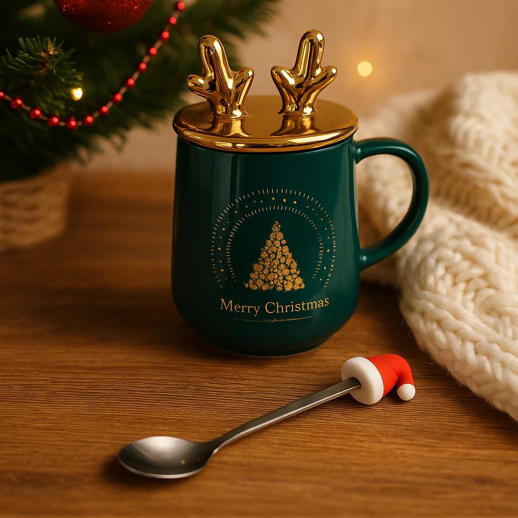 Merry Christmas Ceramic Mug with Golden Reindeer Lid & Santa Spoon – Festive Gift (400 ml) - Image 2