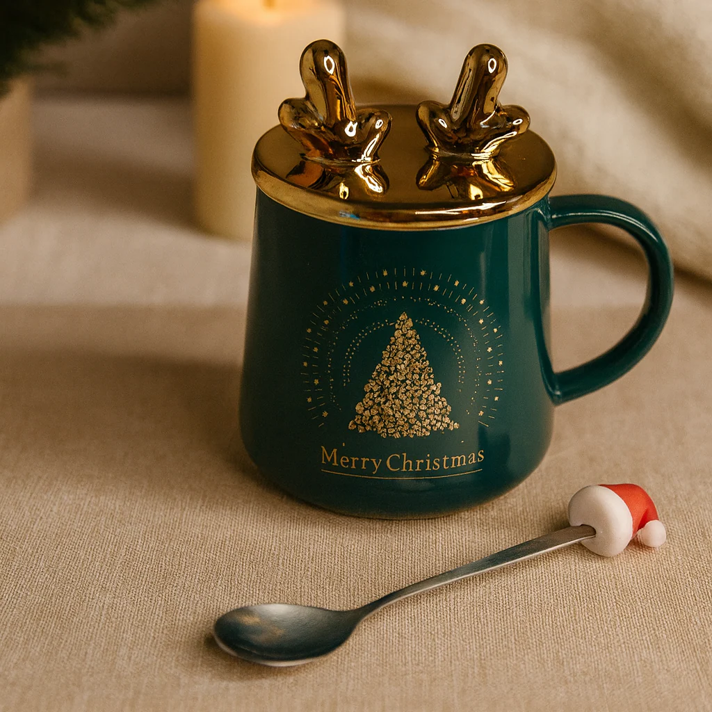 Merry Christmas Ceramic Mug with Golden Reindeer Lid & Santa Spoon – Festive Gift (400 ml) - Image 3