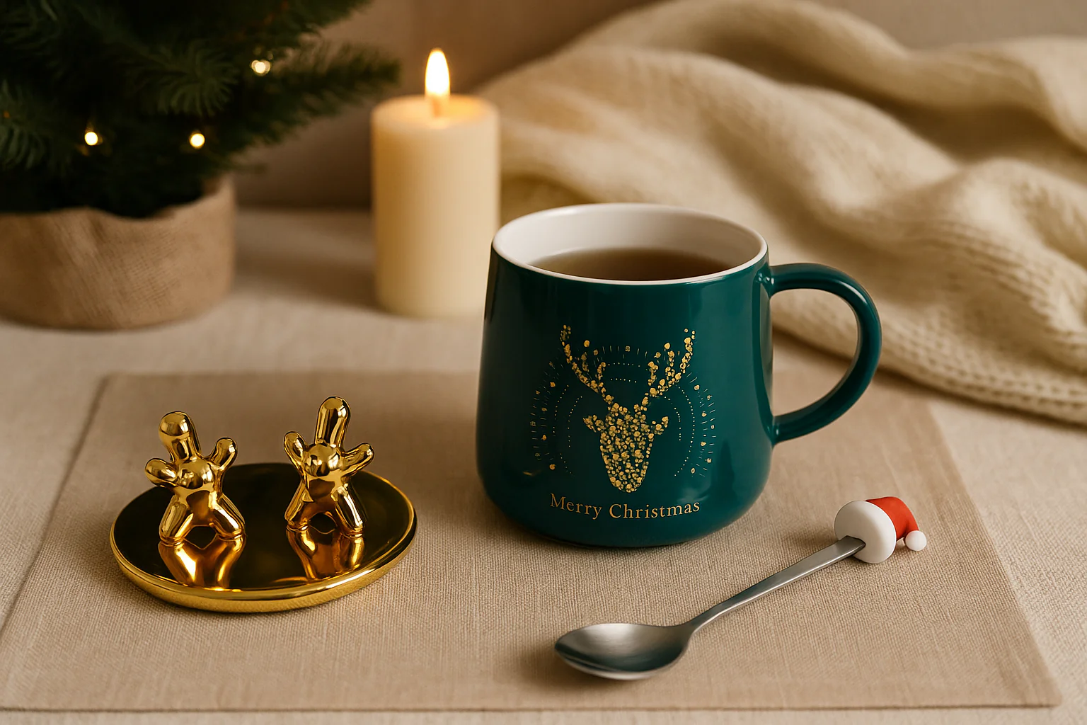 Merry Christmas Ceramic Mug with Golden Reindeer Lid & Santa Spoon – Festive Gift (400 ml) - Image 4