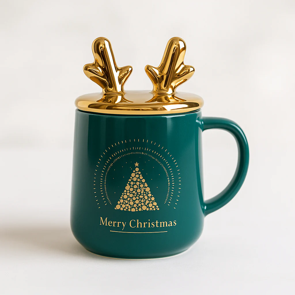 Merry Christmas Ceramic Mug with Golden Reindeer Lid & Santa Spoon – Festive Gift (400 ml) - Image 6