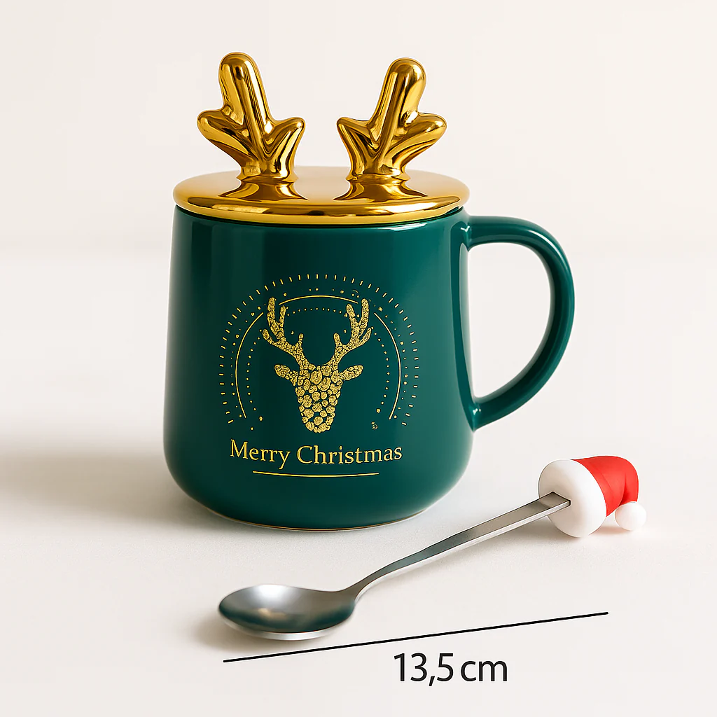 Merry Christmas Ceramic Mug with Golden Reindeer Lid & Santa Spoon – Festive Gift (400 ml) - Image 7